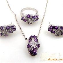 供应批发925银天然巴西紫水晶套装（戒指、耳钉、吊坠）