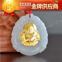 [黄金加厚]金镶玉金钱佛吊坠999千足金镶A货翡翠黄金吊坠厂家