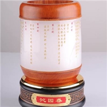 工艺礼品金泰丰鼓型白玉旋转笔筒沁园春/兰亭序/马到成功