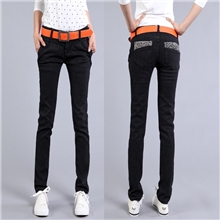 斜口袋休闲百搭深黑色磨毛加厚女装牛仔裤小脚裤一件代发