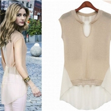 2013春夏装欧美拼色短袖雪纺拼接上衣中长款短袖雪纺衫