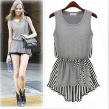 欧美大牌范新款海军风不规则下摆条纹拼接收腰系带个性时尚T恤