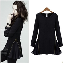 2013秋季欧美明星同款圆领毛绒显瘦针织拉链拼接雪纺长袖连衣裙