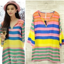 韩版女装范冰冰明星同款彩色条纹彩虹短袖连衣裙
