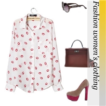 A101C-013【新增一色】ASOS性感红唇印花时尚长袖修身女式衬衫