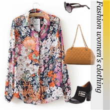 C304【给力热销】欧美Z家秋款女士花朵印花长袖女式衬衫