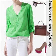 A101厂家直销：2012秋季新款专柜同款V领棉麻时尚长袖女式衬衫