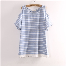 132-0164日系2013夏款原单品5色蕾丝摆横条纹短袖露肩T恤H16