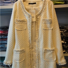 韩国代购同款小香风粗呢手工钉珠中长款外套2色750g