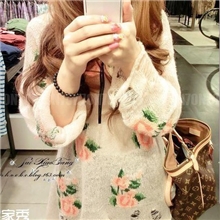 呛口小辣椒同款玫瑰印花破洞毛衣马海毛针织衫3色90g