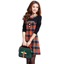 好货源2013春装新款韩版修身打底潮流格子撞色长袖连衣裙