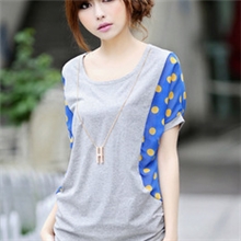 好货源2013夏装韩版宽松短袖波点雪纺拼接棉蝙蝠袖T恤XJ5175#