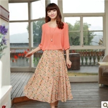 2013春夏圆领五分袖波西米亚长裙碎花雪纺裙假两件显瘦连衣裙