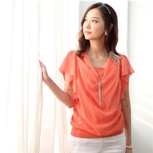 厂家直销2013夏装新品假两件雪纺圆领短袖雪纺衫批发