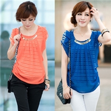 2013夏装新款韩版女装假两件套条纹修身气质雪纺衫上衣F248123#