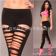 欧美热销黑色不规则撕裂破洞打底裤袜九分裤批发女A185