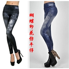 厂家直销2013时尚蝴蝶印花仿牛仔九分打底裤瘦腿小脚裤实拍批发