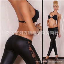 欧美热销黑色侧面蕾丝仿皮九分打底裤批发A173