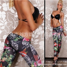 欧美热销英文字母牡丹花无缝印花打底裤高弹力显瘦九分裤H80