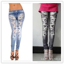 潮新款朋克嘻哈假破洞印花仿牛仔打底裤弹力小脚九分裤批发