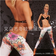 C9002欧美风sexylegging紫金花印花裤无缝九分打底裤批发