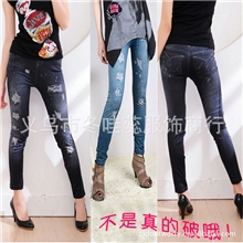 【镇厂之宝】超逼真破洞仿牛仔打底裤无缝弹力修身九分裤F015