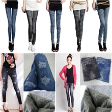 秋季拉毛雪花仿牛仔破洞褶皱磨白九分牛仔打底裤降价混批啦！