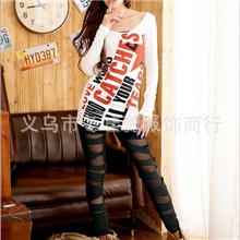 欧范儿捆绑透视拼接打底裤牛奶丝加网纱大码破洞打底裤Y122