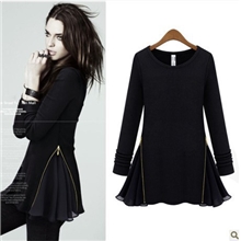 欧美明星同款圆领羊毛绒显瘦针织拉链拼接雪纺长袖连衣裙