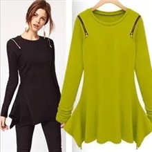 2013秋季欧美大牌明星款双肩拉链不规则下摆长袖长款T恤