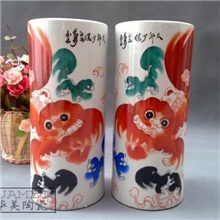 五彩太师少保帽筒仿古瓷器家居工艺品摆件古玩收藏饰品