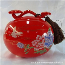 中国红釉茶叶罐如意罐陶瓷储物密封罐茶罐包装古典罐陶瓷罐