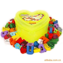 儿童益智56粒盒装串珠游戏玩具英文字母绕珠串珠玩具木制玩具