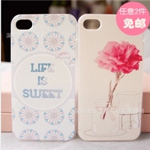 坑刮简彩荔枝皮纹彩绘简约牡丹花印花iphone5s4S苹果手机壳4代