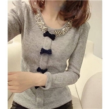 2012秋冬新款订珠领蝴蝶结泡袖衫毛线针织套头衫上衣3色入