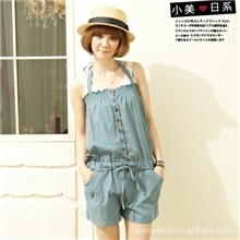 2013初春新款木扣松紧绑带连体仿牛仔休闲连身裤