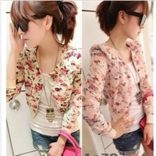 2012新款唯美油画花朵樱花短款雪纺半透明小外套