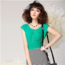 2013春夏新款雪纺拼接条纹气质修身包臀清新连衣裙