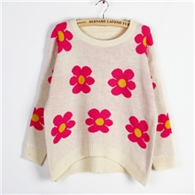 秋冬新款复古vintage甜美花朵毛线提花圆领套头毛衣打底毛衣女