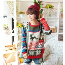 2013冬季新款女韩版宽松小鹿撞色打底套头加厚毛衣