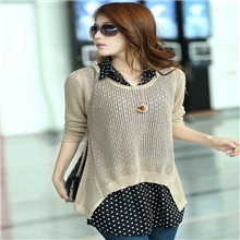 新款秋装女装韩版长袖镂空针织衫罩衫雪纺衬衫两件套毛衣