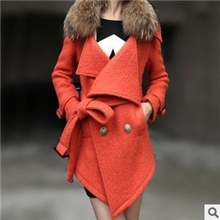 2013秋冬新款韩版双排扣中长款貉子毛领羊毛呢子大衣外套女TZ6185