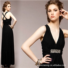 宴会主持礼服裙批发实拍深V美胸X裸背亮钻晚宴礼服长裙主持礼服