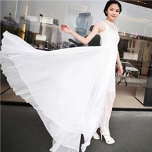 weiwei箐箐秀蕾丝拼接超大裙摆雪纺连衣裙长裙礼服裙