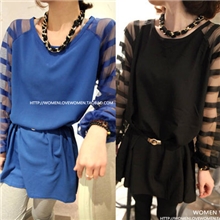 新款日韩女装免费代理批发网纱宽松大码长袖雪纺连衣裙(配腰带)