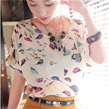免费代理女装批发韩版打底衫T恤小鸟卷边袖子直筒宽松短袖雪纺衫