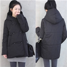 淘宝代理代发加盟女装韩版中长款双排扣加厚纯色连帽棉衣大衣