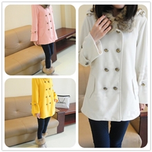 女装代理加盟韩版仿兔毛领双排扣毛呢外套女中长款呢斗篷大衣