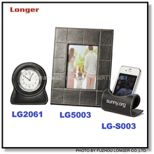 皮革三件套木头相框+皮革钟+手机座