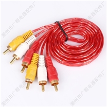 厂家直销三对三红色透明6头小AV线材音频视频线音响音箱连接线